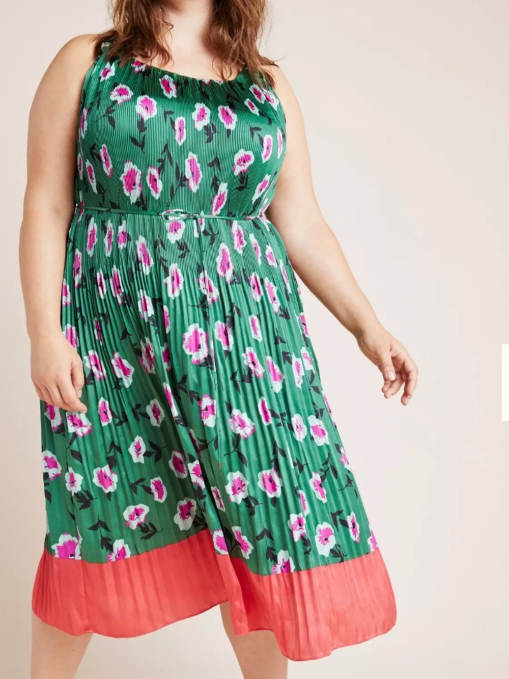 Anthroplogie Mireille Pleated Dress Green Floral Midi Dress with Pink Border 2X